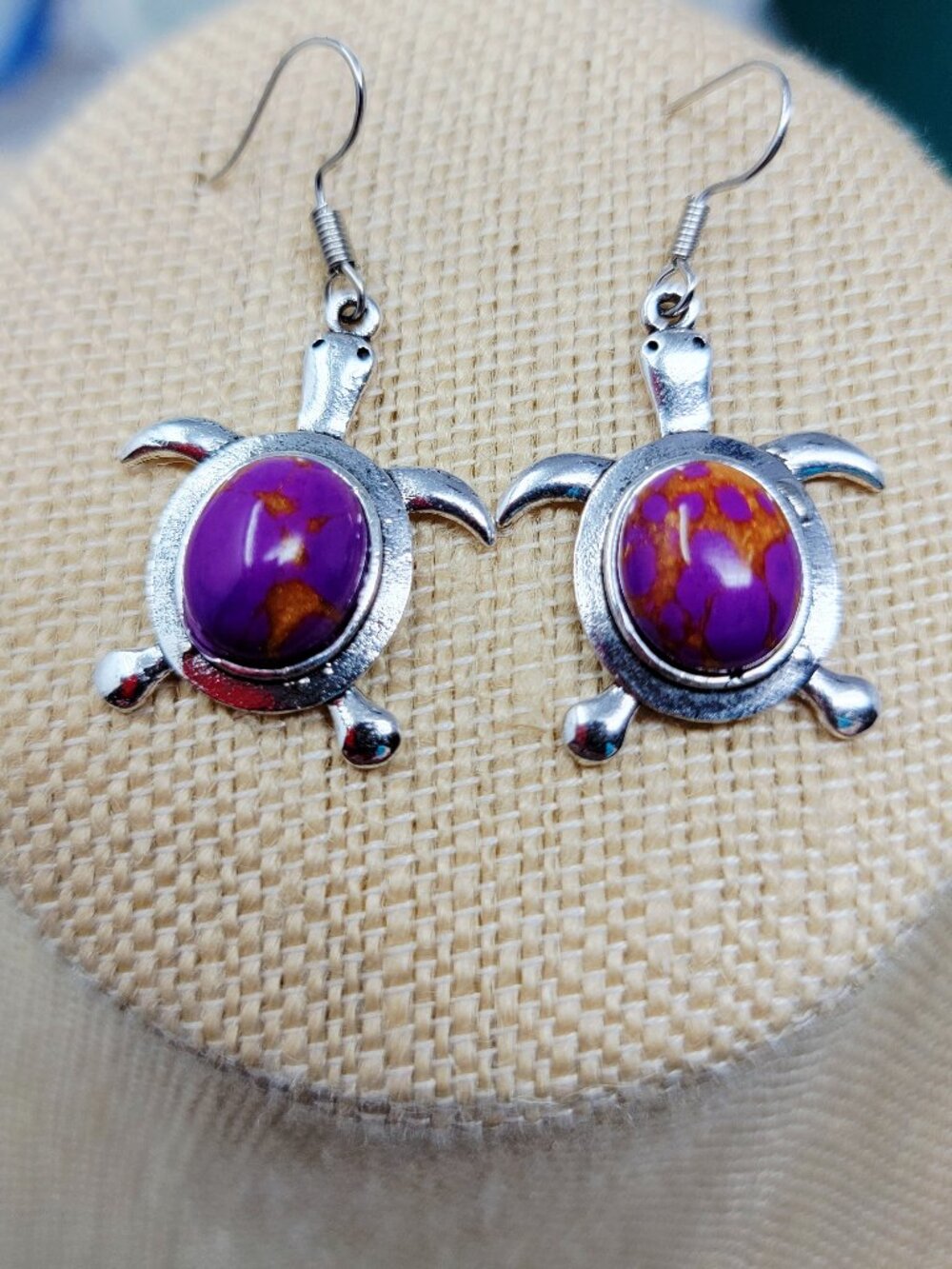 Faux Purple Mojave Turquoise Turtle Dangle Earrings